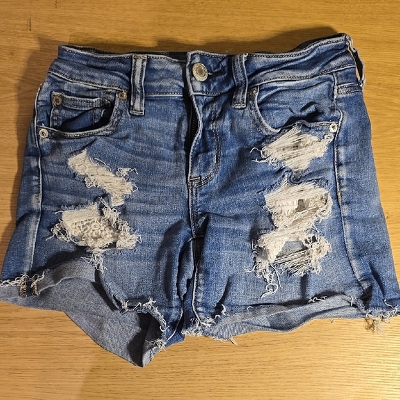 American Eagle Distressed Blue Jean Shorts with Raw Hem Midi - Picture 1 of 5